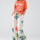 Cream Straight Leg Pants with Beach Print and Elastic Waist