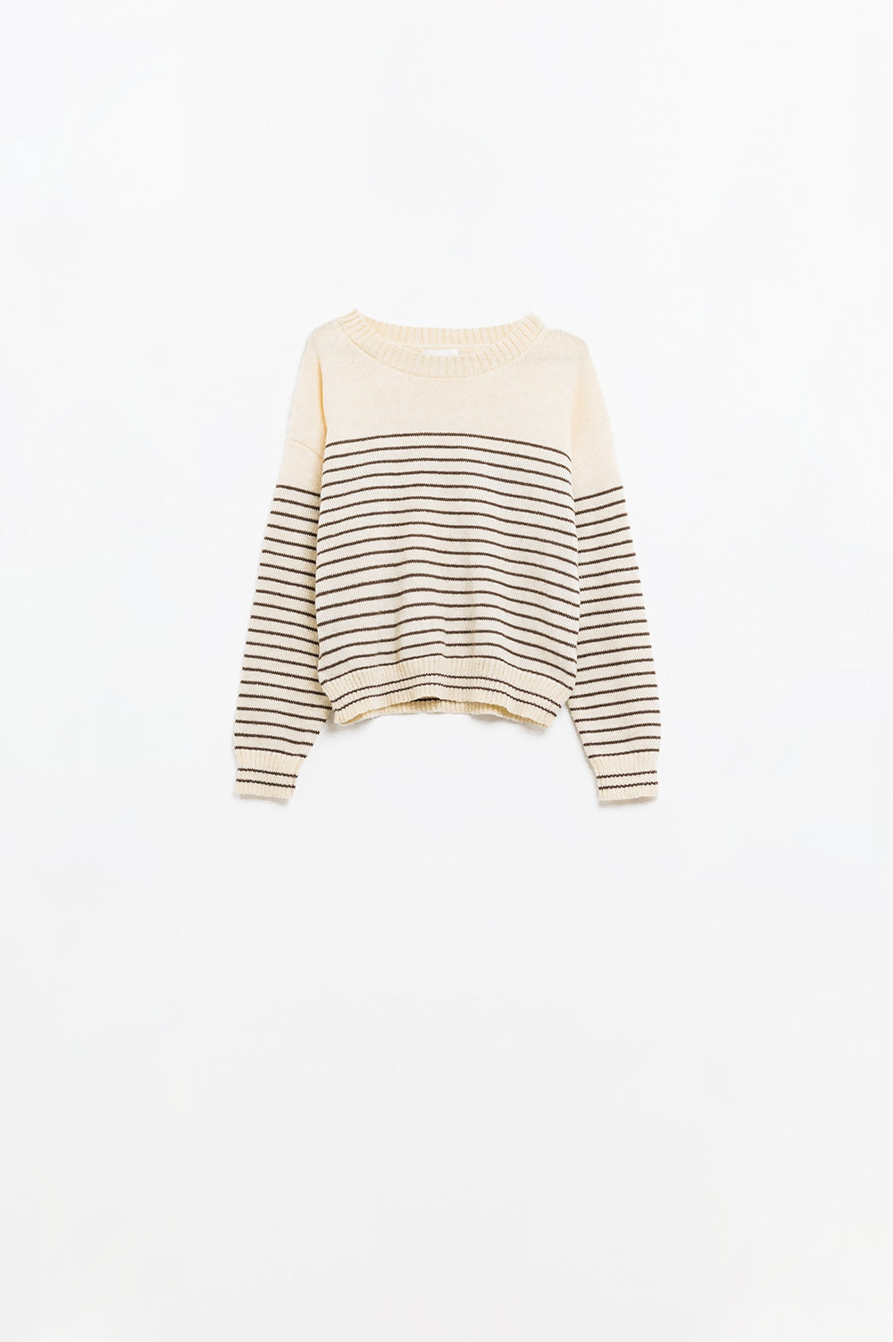 Q2 Cream sweater with brown stripes and boat neck