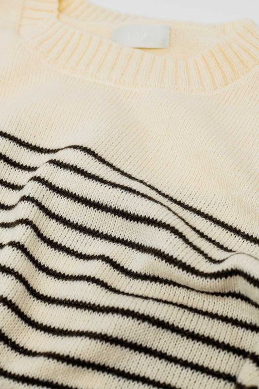 Cream sweater with brown stripes and boat neck