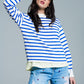 Q2 Crew Neck Basic Stripe Sweater in blue