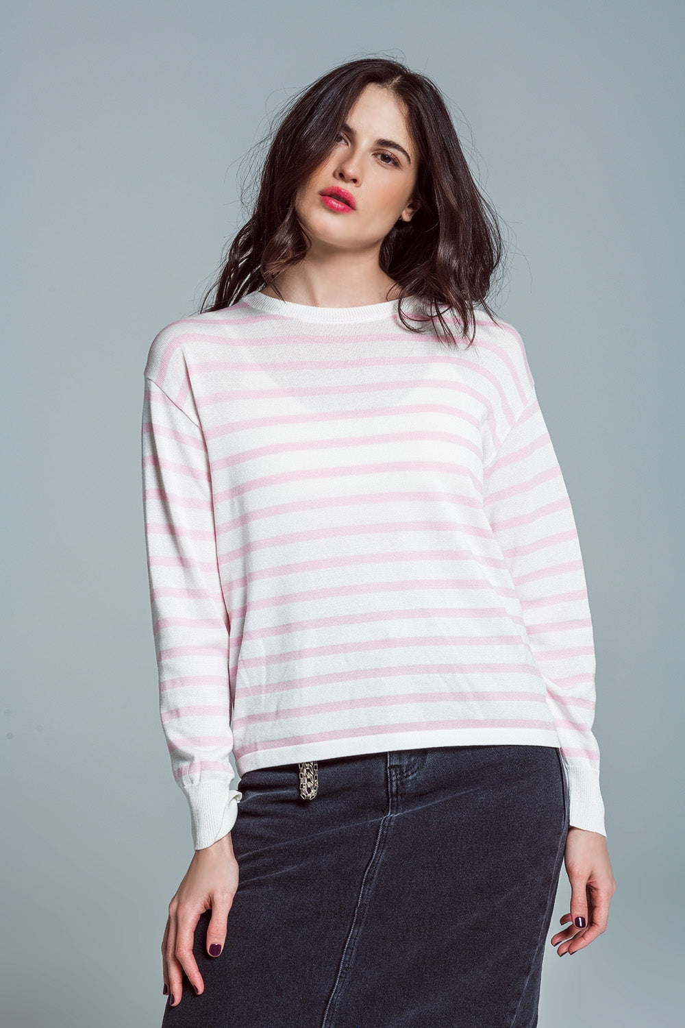 Crew Neck Basic Stripe Sweater in pink