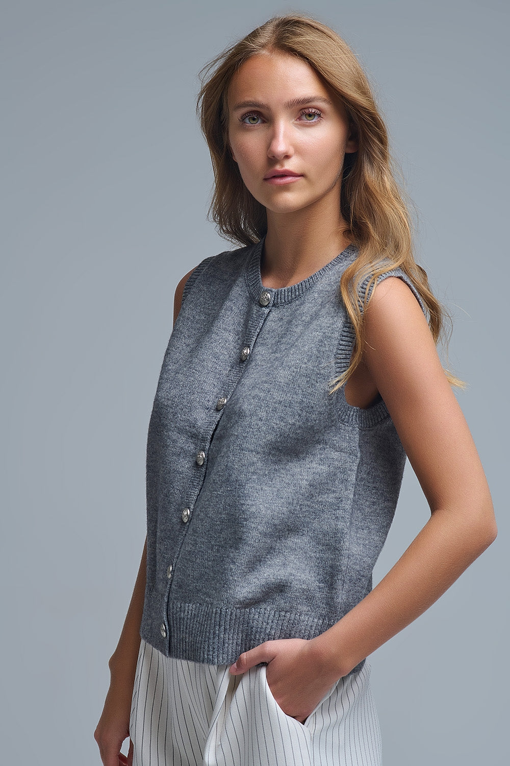 Crew Neck Metallic Button knitted Vest In Grey