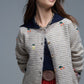 Crew Neck Striped Cardigan With Embroidered Fruits in Beige