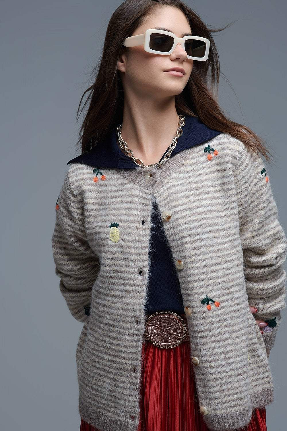 Crew Neck Striped Cardigan With Embroidered Fruits in Beige