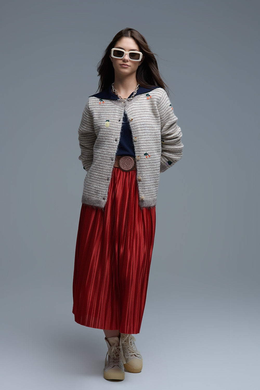 Crew Neck Striped Cardigan With Embroidered Fruits in Beige