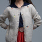 Q2 Crew Neck Striped Cardigan With Embroidered Fruits in Beige