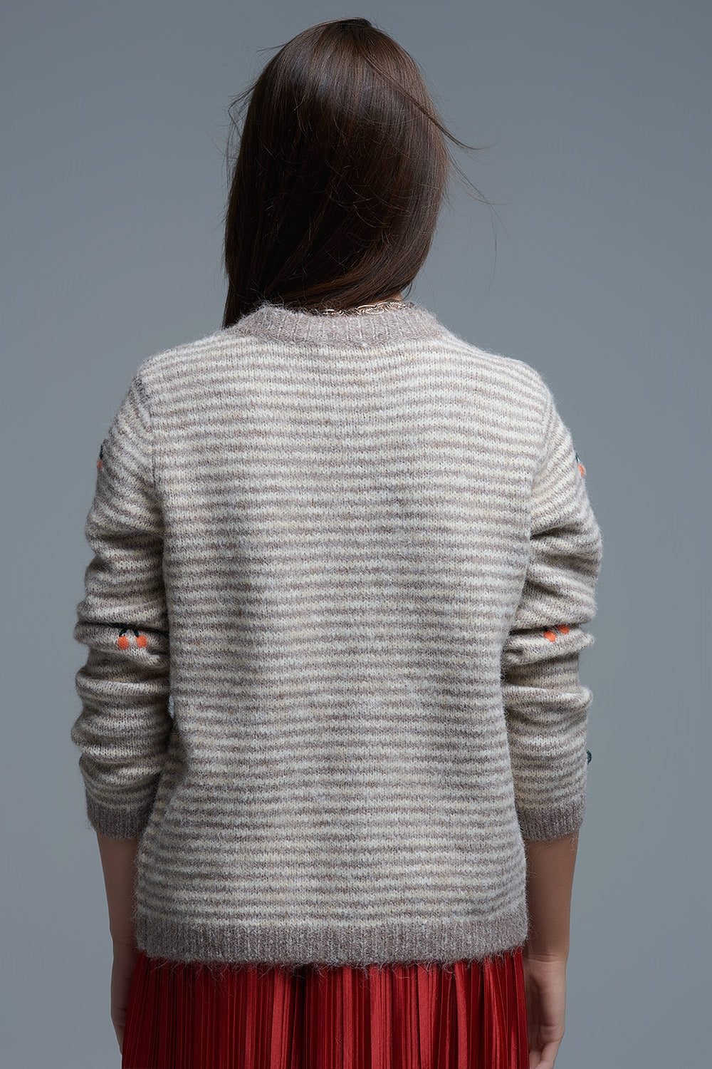 Crew Neck Striped Cardigan With Embroidered Fruits in Beige