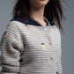 Crew Neck Striped Cardigan With Embroidered Fruits in Beige