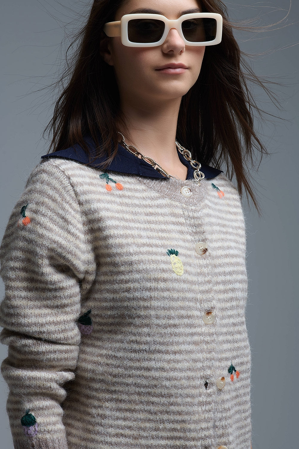 Crew Neck Striped Cardigan With Embroidered Fruits in Beige