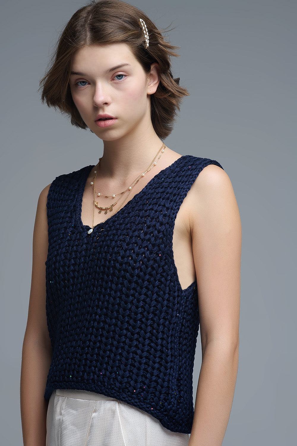 Crochet Cropped Vest in Navy With sequins Thread