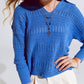 Q2 Crochet Knitted Jumper In V-neck With Polo Collar in Blue