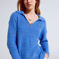 Crochet Knitted Jumper In V-neck With Polo Collar in Blue