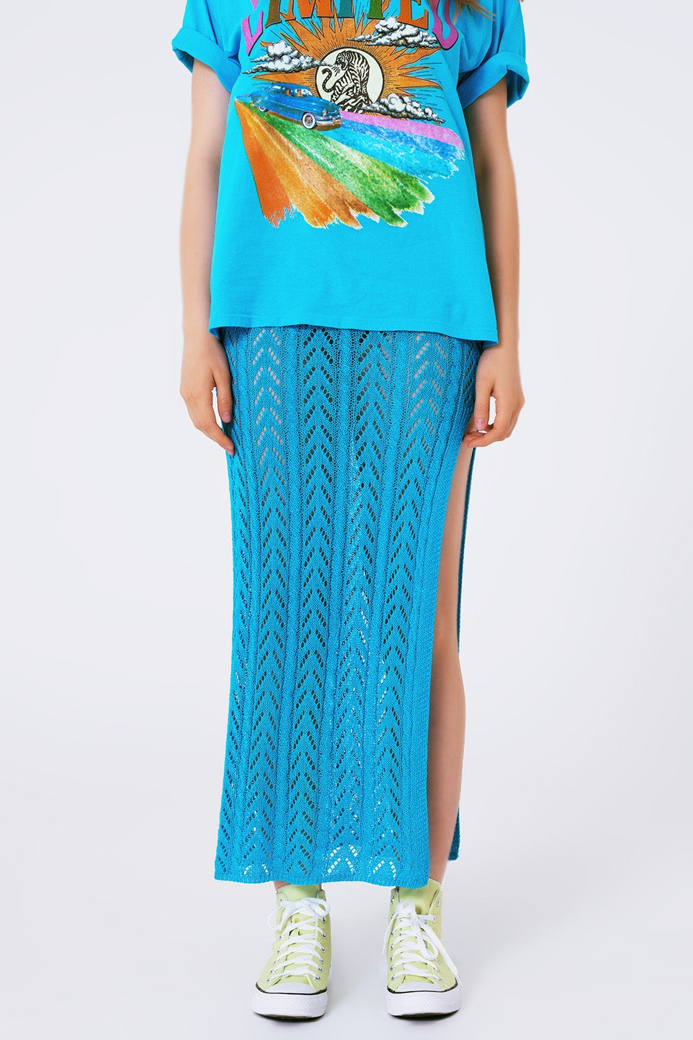 Q2 Crochet Maxi Skirt in Blue