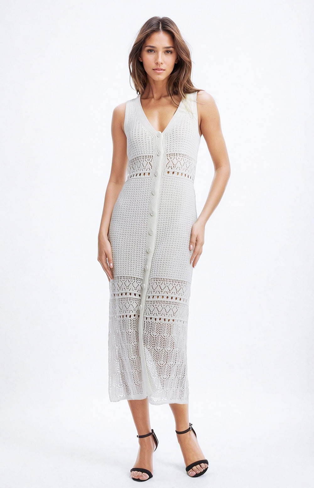 Q2 Crochet Maxi Vest With button closure in White