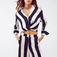 Q2 Crop Shirt With Knot Detail in Black and White Stripes