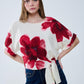 Q2 Cropped Beige Blouse With Tropical Floral Print in Red Tied At The Waist