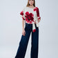 Cropped Beige Blouse With Tropical Floral Print in Red Tied At The Waist