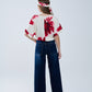 Cropped Beige Blouse With Tropical Floral Print in Red Tied At The Waist