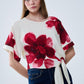 Cropped Beige Blouse With Tropical Floral Print in Red Tied At The Waist