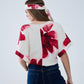 Cropped Beige Blouse With Tropical Floral Print in Red Tied At The Waist