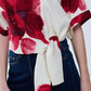 Cropped Beige Blouse With Tropical Floral Print in Red Tied At The Waist