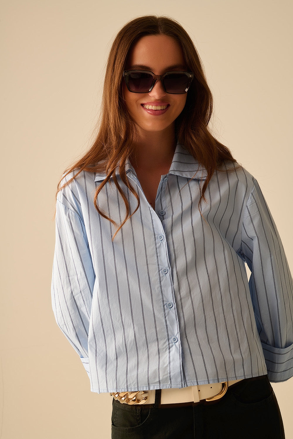 Q2 cropped blue striped poplin shirt