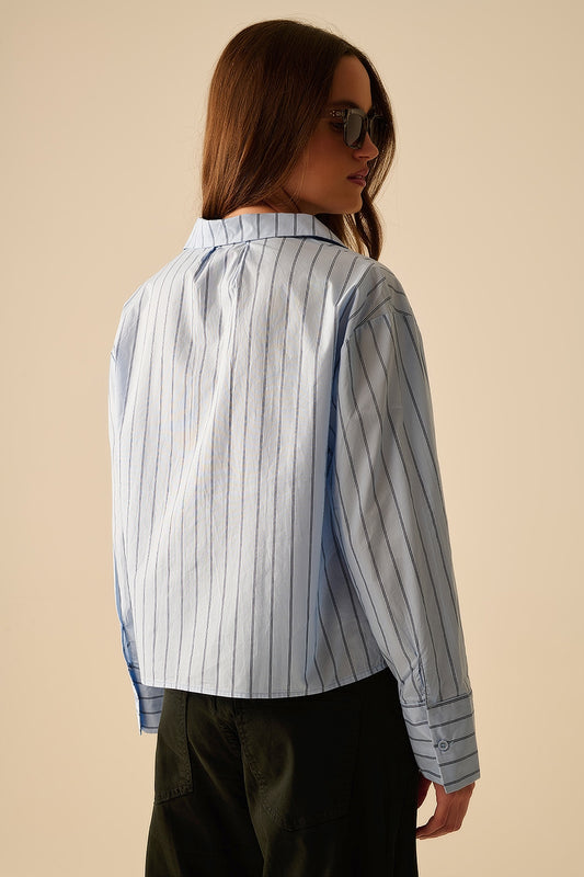 cropped blue striped poplin shirt