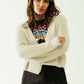 Q2 Cropped Cardigan In Lightweight Rib and V-Neckline in Cream