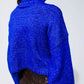 Cropped Chunky Knit Sweater With Turtle Neck in Blue