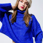 Cropped Chunky Knit Sweater With Turtle Neck in Blue