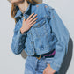 Cropped Denim Jacket With Embellished Hearts in Mid Wash