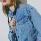 Cropped Denim Jacket With Embellished Hearts in Mid Wash