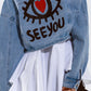 Q2 Cropped denim jacket with hand painted print at front and back