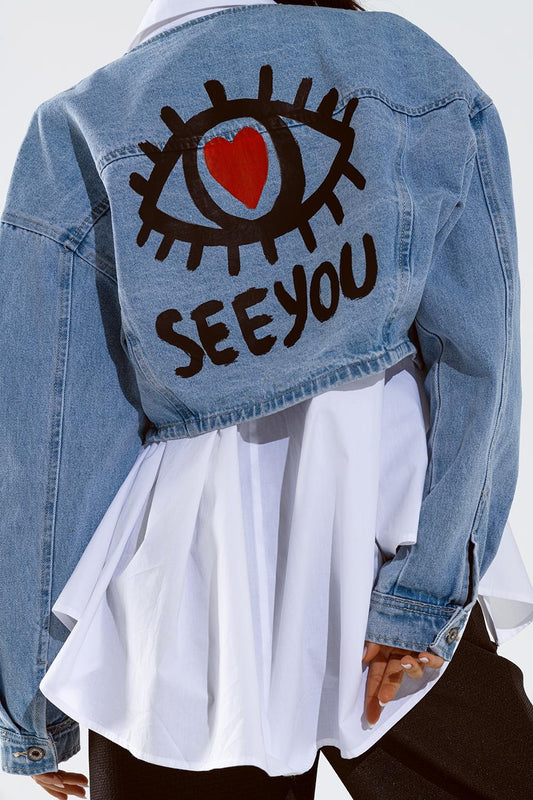Q2 Cropped denim jacket with hand painted print at front and back