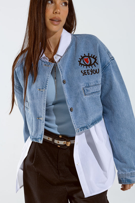 Cropped denim jacket with hand painted print at front and back