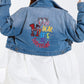 Q2 Cropped Denim Jacket with zipper closure and hand painted print at the  back