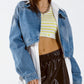 Cropped Denim Jacket with zipper closure and hand painted print at the  back