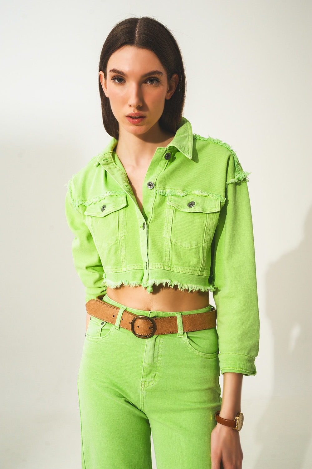 Q2 Cropped denim trucker jacket in acid green