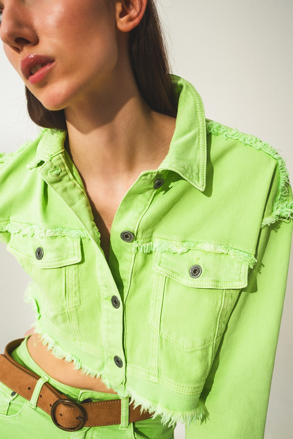 Cropped denim trucker jacket in acid green