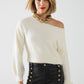 Q2 cropped fluffy sweater in cream fitted at the waist