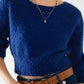 Q2 cropped fluffy sweater in navy blue fitted at the waist