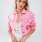 Q2 Cropped Jacket With Chest Pockets and Flower Details in Pink