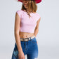 Cropped Knitted Short Sleeves T-shirt in Pink