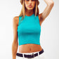 Q2 Cropped Knitted Tank Top in Turquoise