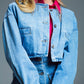 Q2 cropped relaxed denim jacket with chest welt pockets in light wash