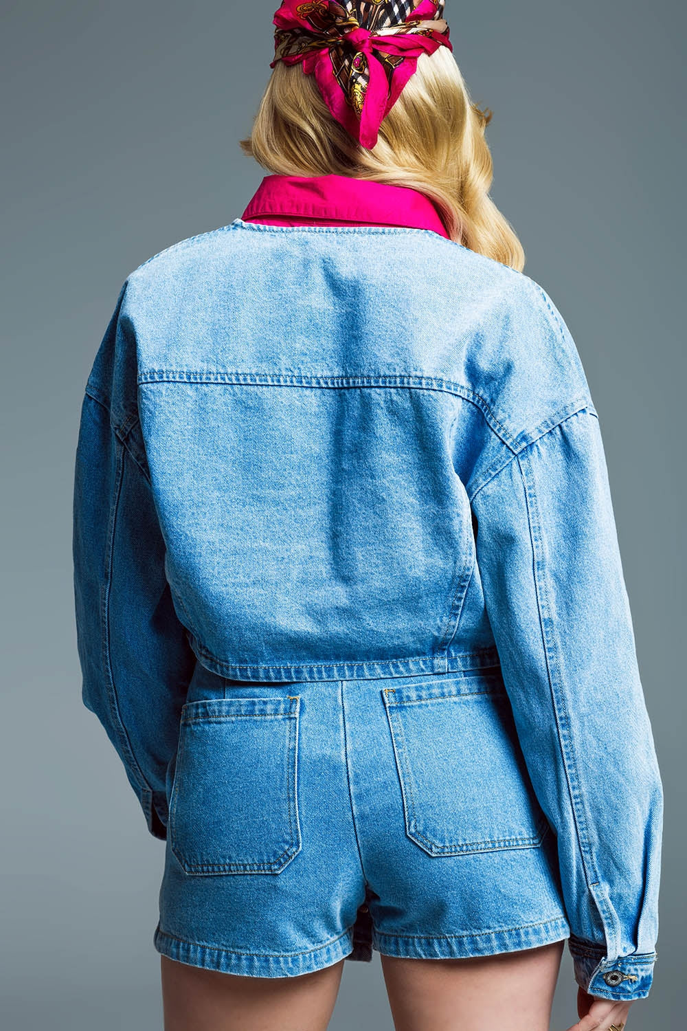 cropped relaxed denim jacket with chest welt pockets in light wash