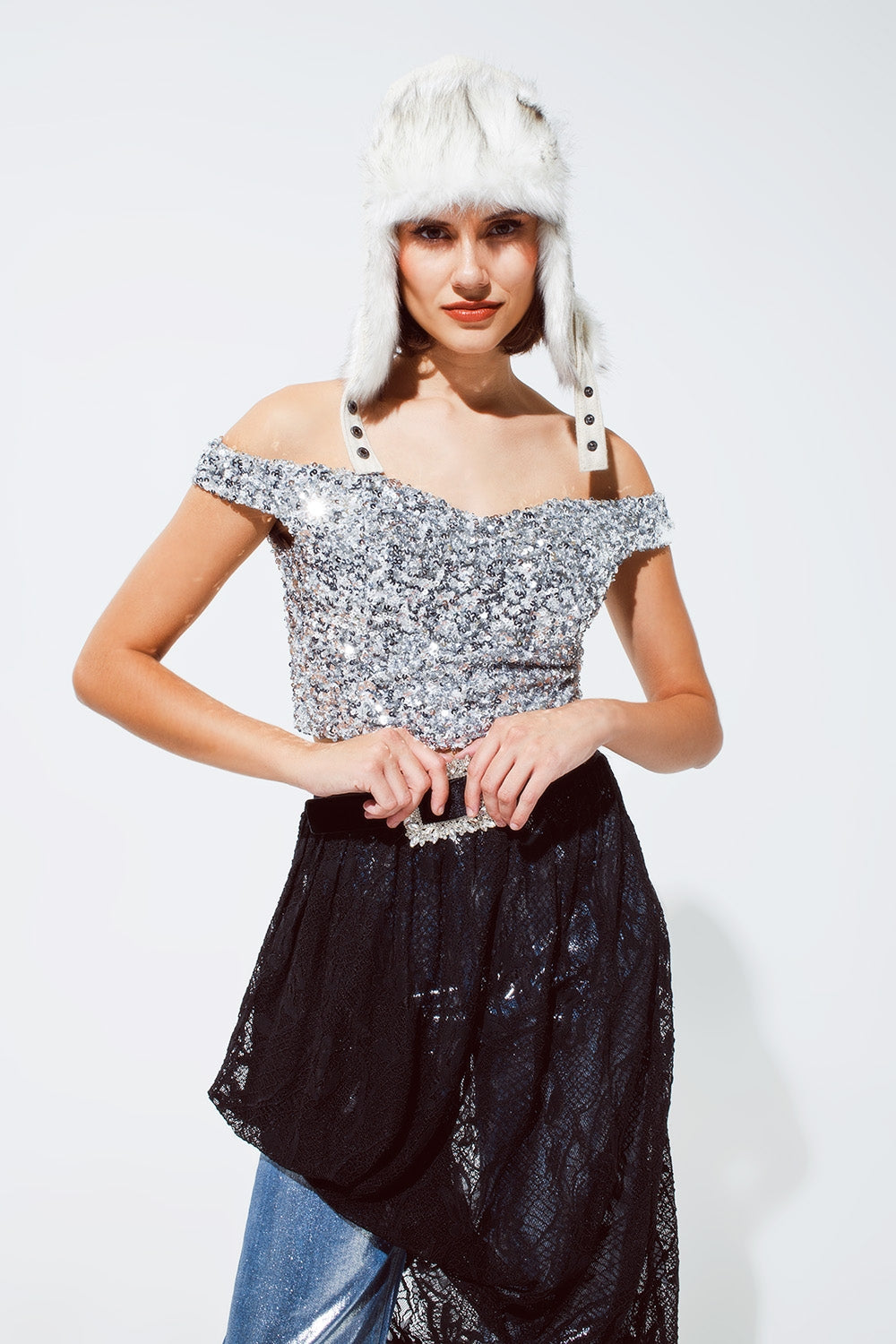 Q2 Cropped sequin glitter top in silver