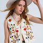 Cropped Vest With Embroidered Nature Design in White