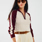 Q2 cropped white and burgundy sweater with neck zipper