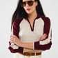 cropped white and burgundy sweater with neck zipper